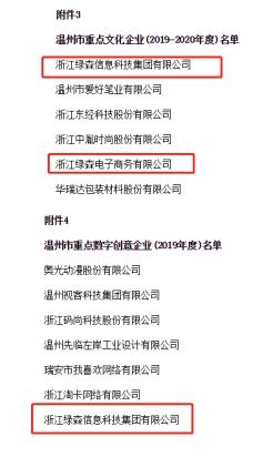 綠森榮獲溫州市重點文化企業和重點數字創意企業雙項殊榮